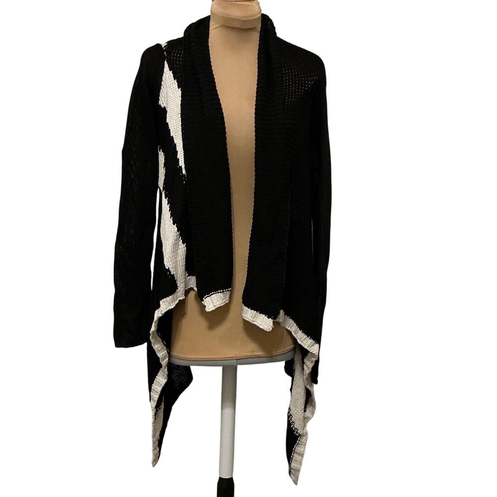 Ark & Co Womens Black White Diagonal Stripe Waterfall‎ Cardigan Sweater